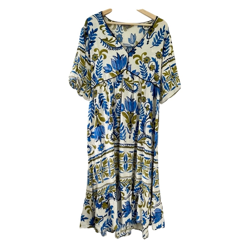 Figueroa & Flower Midi Tiered Linen Dress Size L Cottagecore Floral